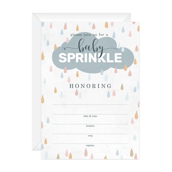 Canopy Street Raindrops Baby Sprinkle Invitations / 25 Fill In Baby Shower Cloud Invites / 5" x 7" Flat Modern Rainbow Baby Shower Party Invitation/Made In The USA