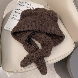 Women's Autumn/Winter Trendy Teddy Bear Ear Knit Hat and Scarf All-in-One with Ear Protection Free Size/Grey 3ea