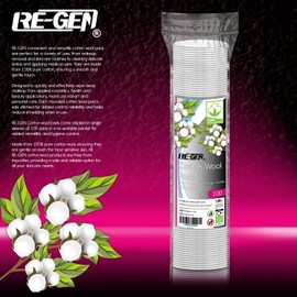 RE-GEN Cotton Wool Pads 100pc, Round Super Soft Makeup Cosmetics Nail Manicure 100% Pure Natural Cotton Wool Cleansing Discs, Non-Fleecing, Gentle on Delicate Sensitive Skin, Re-Sealable Packet