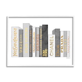 Stupell Industries Horizontal Fashion Book Stack Glam Grey Gold, Designed by Amanda Greenwood White Framed Wall Art, 30 x 24