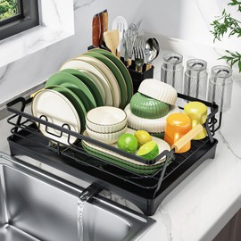 Epicano Dish Drying Rack for Kitchen Counter,Space-Saving Dish Rack,Rustproof Dish Drainer with Utensil Holder and Knife Slots for Sink,Kitchen Drying Rack with Wooden Handle and Cup Holder, Black