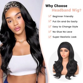 Looxey Headband Wig for Women, Long Wavy Headband Wig Wear and Go Glueless Half Wig Synthetic Hair Soft As Human Hair Body Wave Headband Wig (1B Natural Black, 22 Inch) ...1