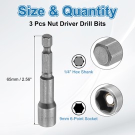 sourcing map 3pcs Hex Nut Driver Drill Bit 9mm Metric 6-Point Socket 1/4" Hex Shank Magnetic Setter CR-V Steel Bolt Sockets for Power Drills Impact Drivers, 2.56" (65mm) Long