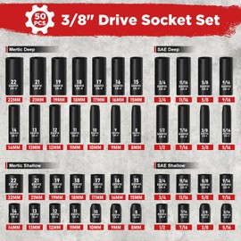 EGOFIX 3/8" Drive Impact Socket Set, 50 Piece Standard SAE (5/16 to 3/4 inch) and Metric (8-22mm) 6 Point, with Adjustable Ratchet Handle, Extension Bars, Impact Universal Joint, Adapter, Cr-V Steel