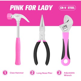 EXCITED WORK 69-Piece Pink Tool kit, Ladies Hand Tool Set with Easy Carrying Round Pouch for DIY, Home Maintenance and Dorm Repair