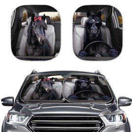 Aplkyhs Black Horse Car Sun Shade Funny Horse Driving Car Windshield Sunshade 2 Piece Foldable Sun Blocks Sun Visor Keep Your Vehicle Cool