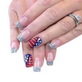 4th of July Press on Nails Square Short Fake Nails with American Flag Star Stripe Designs Silver Glitter French Tip Glue on Nails Nude Translucent False Nails Artificial Stick on Nails for Women 24Pcs