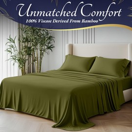 DECOLURE 100% Organic Viscose Derived from Bamboo Sheets Cal King Size 4pcs - Ultra Soft & Luxuriously Cooling,17" Deep Pocket,Double Stitching,Perfect for Hot Sleepers - King Bed Sheets (Light Olive)