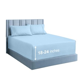 Queen Extra Deep Pocket Sheets Sets 4 Piece, Extra Deep Pocket Sheets 400 Thread Count 100% Egyptian Cotton Extra Deep Pocket Fitted Sheet Fit Upto 18 to 24 Inch High Mattress Light Blue Solid