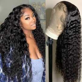 13x4 Deep Wave Lace Front Wigs Human Hair 180% Density Deep Wave Frontal Wigs Human Hair HD Lace Curly Wigs for Black Women Pre Plucked with Baby Hair Curly Lace Front Wig Human Hair 24 Inch