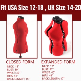 PDM WORLDWIDE Dress Form Adjustable Female Mannequin for Sewing Size 12-18, Pinnable Body Form with 13 Dials, Detachable Rolling Base, 42.5"-60" Height Range for Clothing Display, Medium to Large