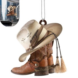 Qurbuns Car Rear View Mirror Pendant, Acrylic Cowboy Boots Hats Car Hanging Ornament, 3.15" x 1.97" Western Cowboy Theme Interior Rearview Mirror Charm, Universal Rearview Decor for Cars (#1)