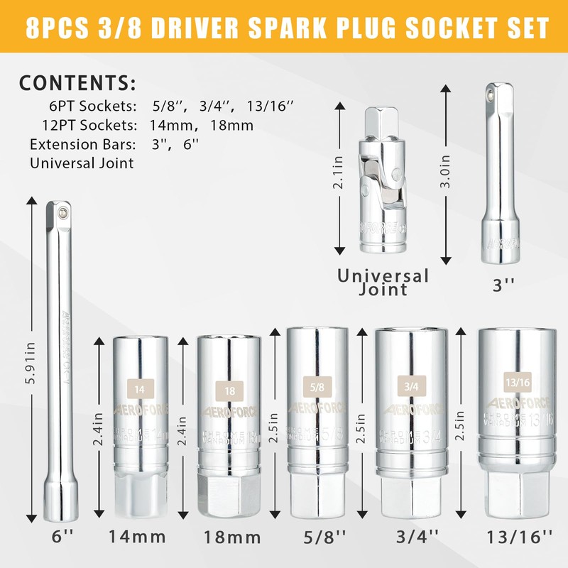 AEROFORCE 3/8-Inch Drive Spark Plug Socket Set 8PCS - Includes