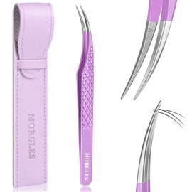 MORGLES Isolation Tweezers Eyelash Extensions, Curved Lash Extension Tweezers for Isolation Fanning Volume Lashes with Bag, Purple