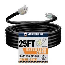 25 Foot Contractor Grade Outdoor Extension Cord with Lighted Power Outlet End by Journeyman-Pro 12/3 SJTW Black Cable with 3 Prong Grounded Plug 15 AMP UL Listed 25'FT (25FT Black)