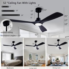 QUTWOB 52" Wood Ceiling Fan with Lights Remote Control,Quiet DC Motor 3 Blade Ceiling Fans for Patio Living Room, Bedroom, Office,Indoor Outdoor(Black)