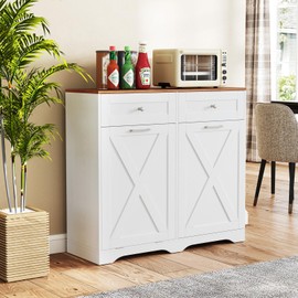 LOKO Tilt Out Trash Can Cabinet, Kitchen Island with 2 Drawers & Adjustable Shelves, Barn Door, Countertop Charge Station, Hidden Garbage Bin Cabinet for Kitchen, Laundry Room (White & Walnut)