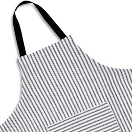 Cackleberry Home Black and White Ticking Stripe Woven Cotton Bib Apron Pocket Adjustable Strap