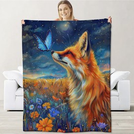 Fox Blanket for Boys Girls Kids, Flannel Fox Blankets Gifts, Butterfly Floral Fox Throw Blanket for Sofa Couch Bed Living Room Soft Warm Cozy Fox Decor 60" x 50"