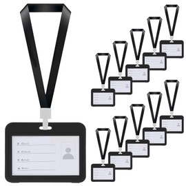 10 Pack Name Tag Holders, ID Card Badge Holder with Detachable Neck Lanyard, Hard Plastic Waterproof Clear, Transparent Card Case for Office School Business Supplies (Horizontal Black)
