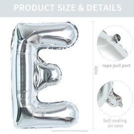TONIFUL 40 Inch Large Silver Letter E Balloons Helium Balloons,Foil Mylar Big Letter Balloons for 2026 New Year Eve Graduation Wedding Baby Shower Birthday Party Anniversary Supplies Decorations