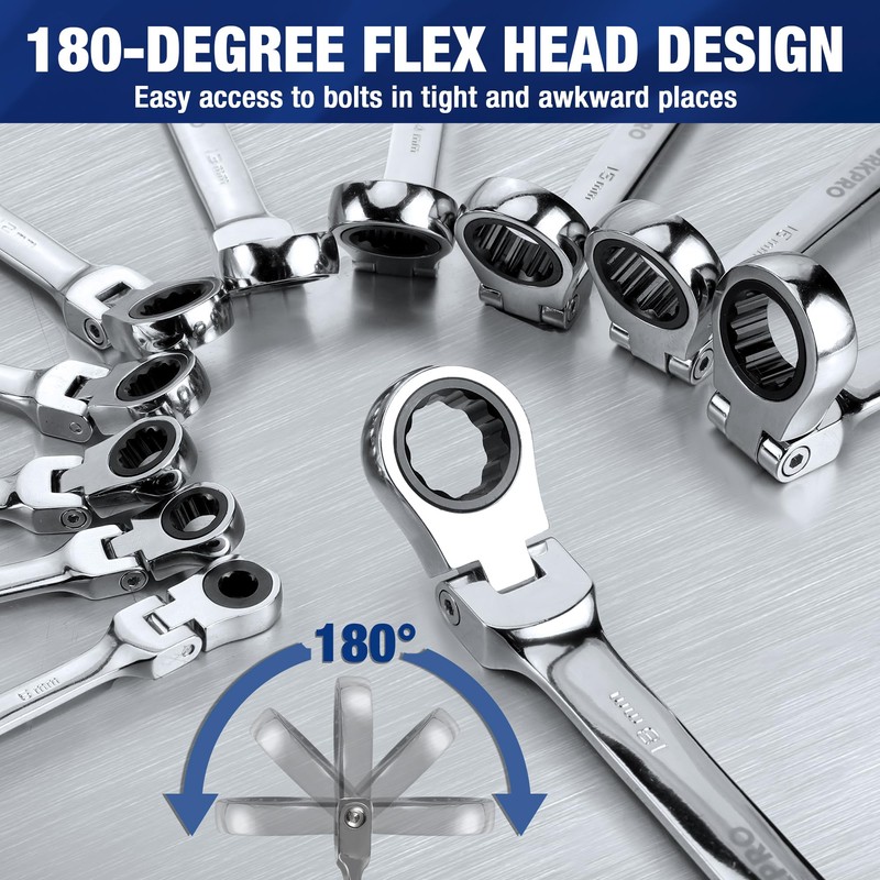 WORKPRO 22-Piece Ratcheting Wrench Set, Flex-Head Ratchet Combination Wrench Sets