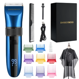 BARBERBOSS BarberBoss Kabelloser, selbstschärfender Bart- und Haarschneider, wasserdicht, mit Keramikklingen, LED-Display, schnelles Aufladen und 8 farbigen Kamm-Aufsätzen QR-2082