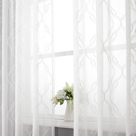 VISIONTEX Sheer Curtains 84 Inches Long 2 Panels Set, White Moroccan Embroidery Texture Geometric Rod Pocket White Voile Tulle Semi Window Treatment Pair for Bedroom, W54 x L84