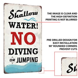 QSHPO Pool Warning Metal Sign Vintage Pool Decor Shallow Water No Diving Or Jumping Tin Poster Club Home 12x18 Inches
