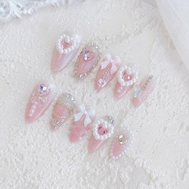 LARSOOY Nails Handmade Press on Nails Short Almond | Handmade Nails with Pearl Decoration | Reusable fake Nails with Unique Designs | False Nails 10 Pcs (Pink Kingdom, L)