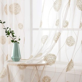 MIULEE Curtains with Floral Embroidery, Curtains White with Golden Pattern for Living Room, Bedroom Curtain Transparent with Eyelets, Set of 2 Voile Flowers Transparent Curtains, Each H 200 x W 140 cm