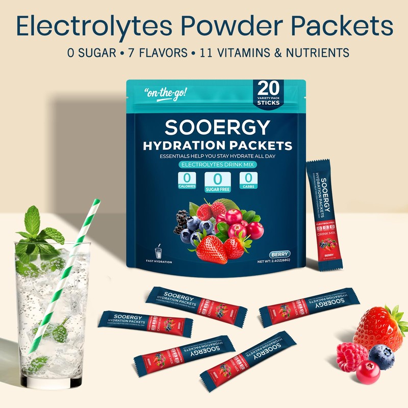 Sooergy Electrolytes Powder Packets Sugar Free Hydration Packets, Liquid Daily