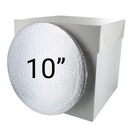 Culpitt 10" Round Silver Cake Drum Board & Tall White Cake Box Combo, 10 x 10 x 10 Inch Square Box and Matching Cake Circle Set For Tiered or Decorated Cake Transport