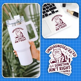 Set 3Pcs Cat Undiagnosed But Something Ain't Right Sticker Funny Cat Mental Health Humor Bookish Hard Hat Waterproof Die-Cut Vinyl for Water Bottle Laptop Phone for Friend Coworker Dad Mom (3 Inches)