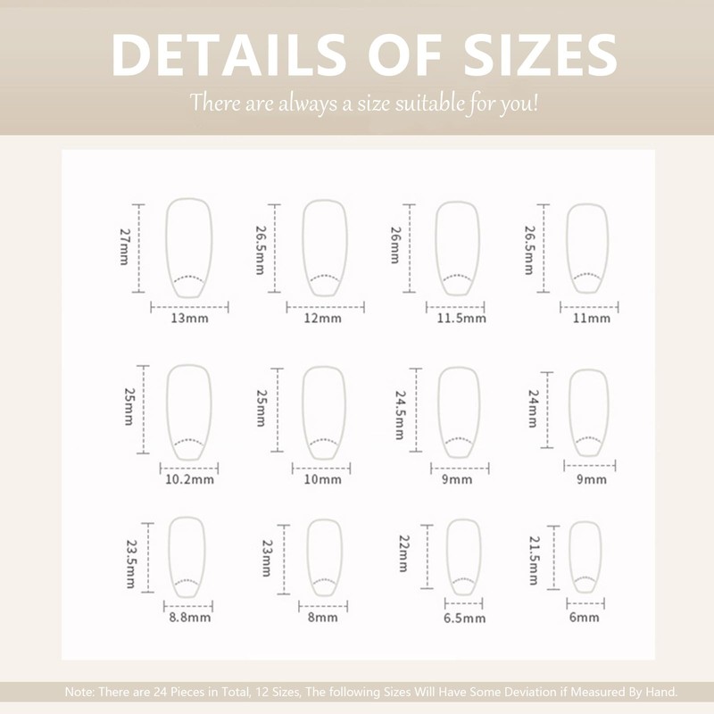 24Pcs French False Nails Medium, Square Press on Nails Glitter