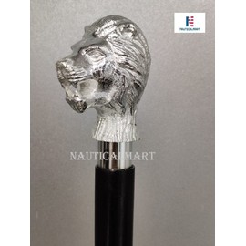 Sterling Silver Plated The King Lion Head Walking Stick with Black Beechwood Collectors Gifts