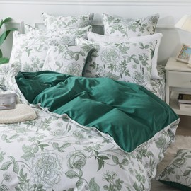 FADFAY Shabby Rose Duvet Cover Set Full Vintage White and Green Floral Bedding Elegant Peony Quilt Cover Set 100% Egyptian Cotton 800TC Comforter Cover Set with Hidden Zipper Closure 3Pcs, Full Size
