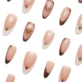 Almond Press on Nails Medium Fake Nails French Tip False Nails with Gold Star Heart Design Glue on Nails Glossy Full Cover Stick on Nails Elegant Acrylic Nails for Women Manicure 24Pcs