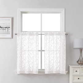Lecloud Leia Sheer White Kitchen Curtains 36 Inch Length 2 Pcs, Jacquard Leaf Textured Voile Short Curtain Tiers, Farmhouse Small Curtain for Bedroom Bathroom with Dual Rod Pocket, 30" W x 36" L