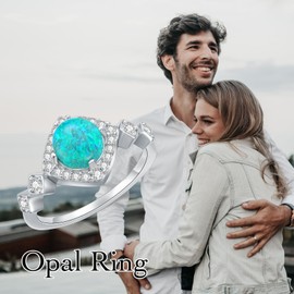 Shroova 925 Silver Green Round Opal Ring with Zircon Square Surrounded-Statement-rings Opal Jewelry Gifts for Women Her(Size8)