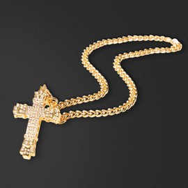 Pazciay Rhinestones Cuban Link Chain Necklace with CZ Cross Pendant, 20inch Diamond Cuban Link Hip Hop Rapper Jewelry for Men and Women (Gold)