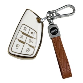 Key Fob Cover for Chevy GMC 6 Buttons Soft TPU with Leather Keychain Key Fob Remote Case Fit for Chevy Tahoe Suburban GMC Hummer EV Yukon XL Denali 2021 2022 2023丨13541565 13537962 13548431丨 (White)
