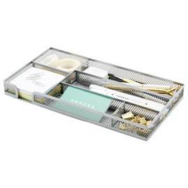 Annova Desk Drawer Organizer Tray for Office Organization - Metal Mesh - Storage Tray with Dividers for Pens, Desktop Accessories, Bathroom, Kitchen, Makeup and Office Supplies (Small, Silver)