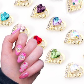 NEWSPIED Gold Heart Nail Charms for Nails 12 Pcs Valentine's Day 3D Heart Nail Rhinestones Love Heart Shape Nail Gems with Crystals Diamonds Design Acrylic Nail Supplies for Women DIY Craft Jewelry