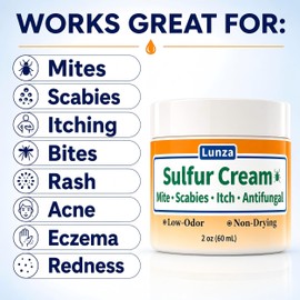 Sulfur Cream, Mite & Itch Support, Mites Treatment for Humans, Fast Soothing, Low-Odor & Non-Drying, for All Skin Types, 2 oz