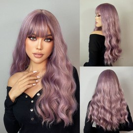 SAPPHIREWIGS Purple Wig with Bangs Long Wavy Wigs for Women Mix Purple Wavy Wigs Synthetic Heat Resistant Wigs for Daily Party 26inch