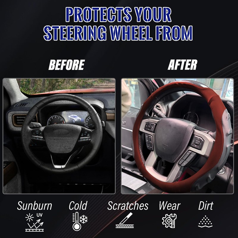 Breathable Leather Steering Wheel Cover with Non-Slip Grip for Enhanced