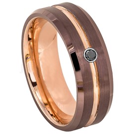 Jewelry Avalanche 8MM Brushed Brown & Rose Gold IP Grooved Center Tungsten Carbide Wedding Band - 0.07ct Black Diamond Tungsten Ring -7.5