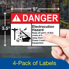 ComplianceSigns.com Danger Electrocution Hazard Crane ANSI Label Decal, 5x3.5 inch 4-Pack Vinyl for Worksite Pipeline/Utility