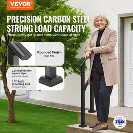 VEVOR Handrails for Outdoor Steps, 1-2 Step Stair Hand Rail Kit, Transitional Carbon Steel Railings with Installation Kit, Stair Rails for Seniors, Concrete Steps & Porch & Deck, Black Square Tube